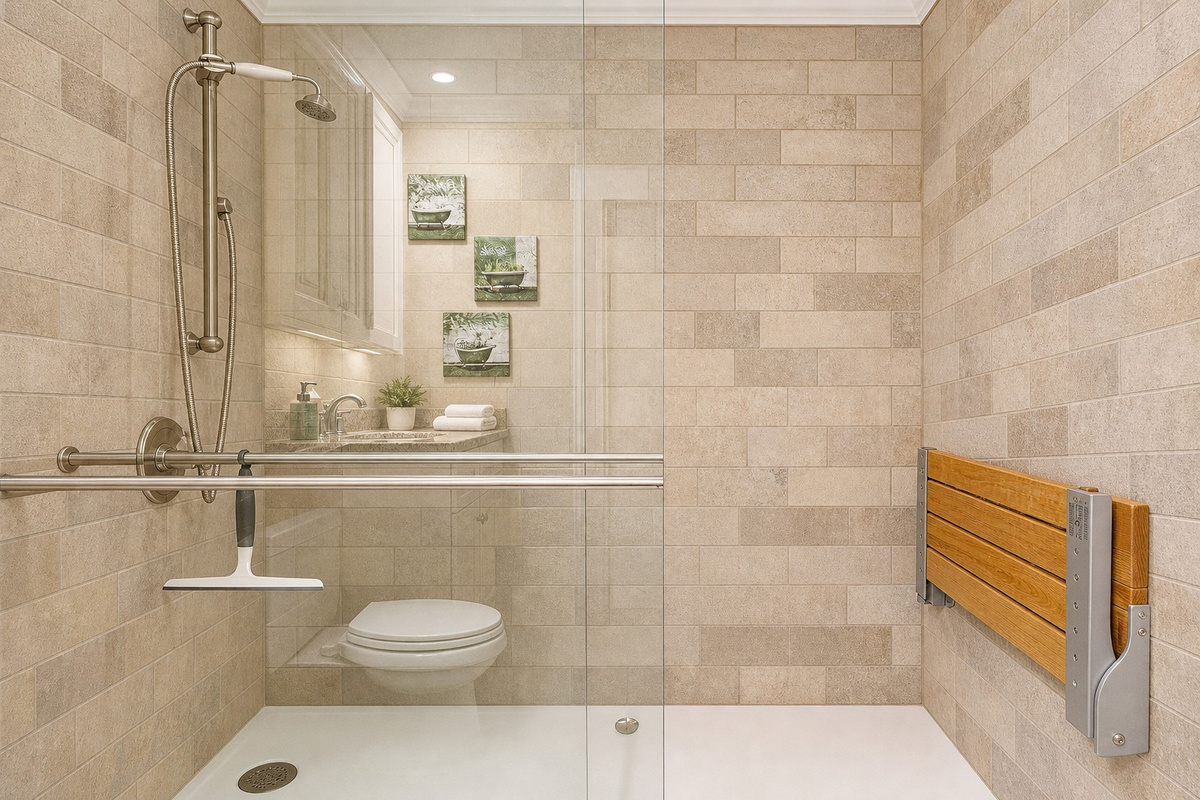 The bathroom features a 24-inch accessible entry and is equipped with a wall-mounted shower chair for added comfort and convenience.