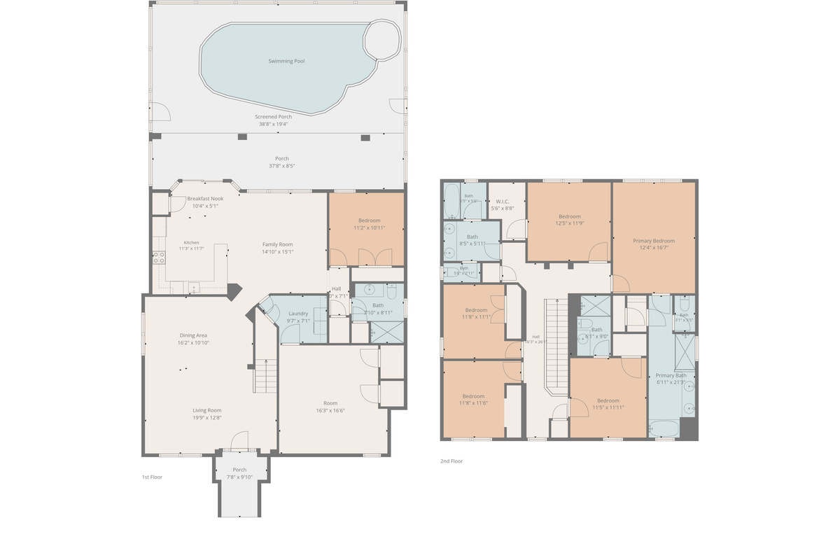 Floor plan, both floors: downstairs king, living, kitchen, arcade, pool; upstairs primary king suite, Mandalorian, Mario, Princess, second king en-suite
