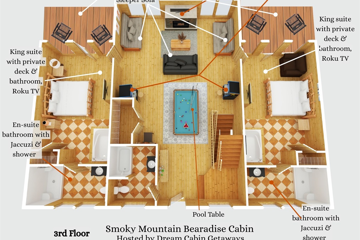 Two king rooms, with en-suite bathrooms and private balconies. Pool table, second living room and arcade games. Electric fireplace. plus third shared bathroom