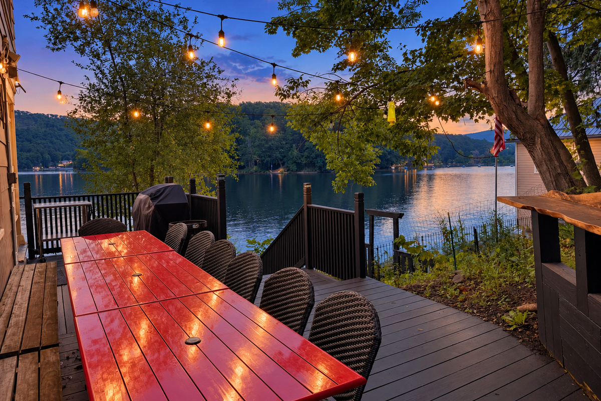 Goodyear Lodge outdoor dining with wonderful lake views!