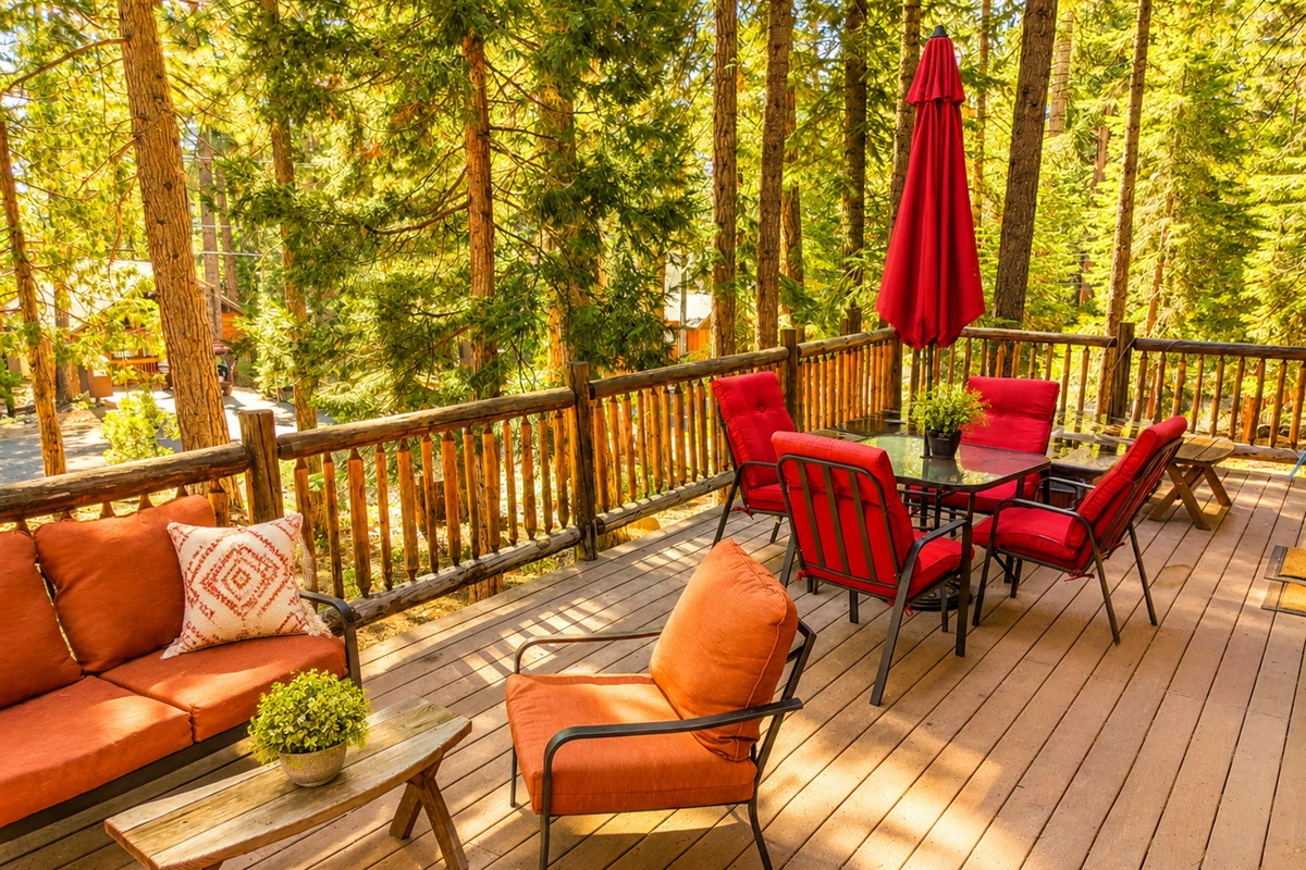 Our large deck area has plenty of seating to relax in the pines in the summertime!  In the winter, the seating will be put away because we usually get a LOT of snow.  But you'll still be able to enjoy the hot tub!