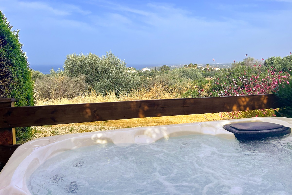 Take in breathtaking views of the sea and the Troodos foothills while soaking in the outdoor hot tub, large enough to fit six people.