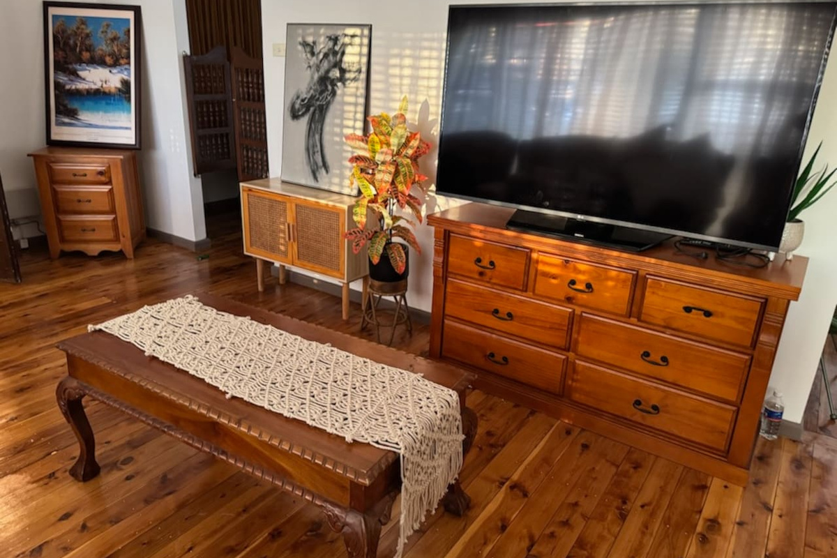 Table, Storage, TV with Netflix, Artwork, Large main room.