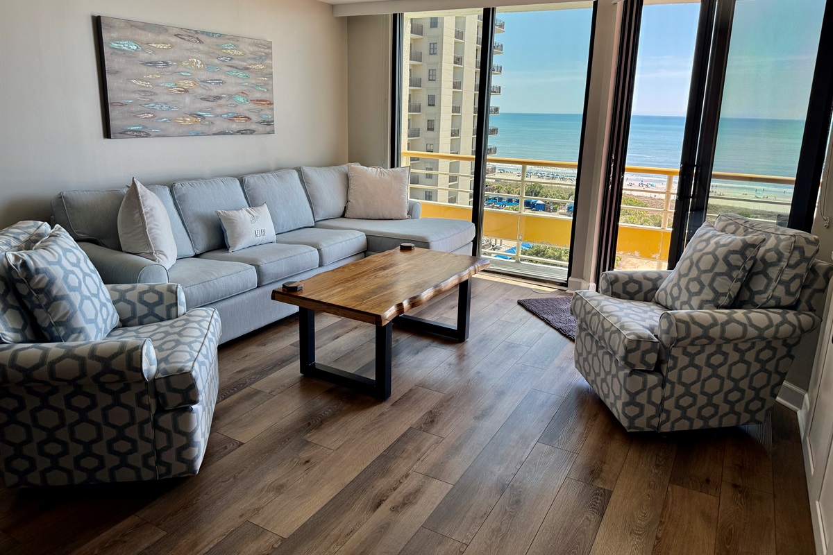 Beautiful Oceanfront Living Room with LVT Flooring Throughout