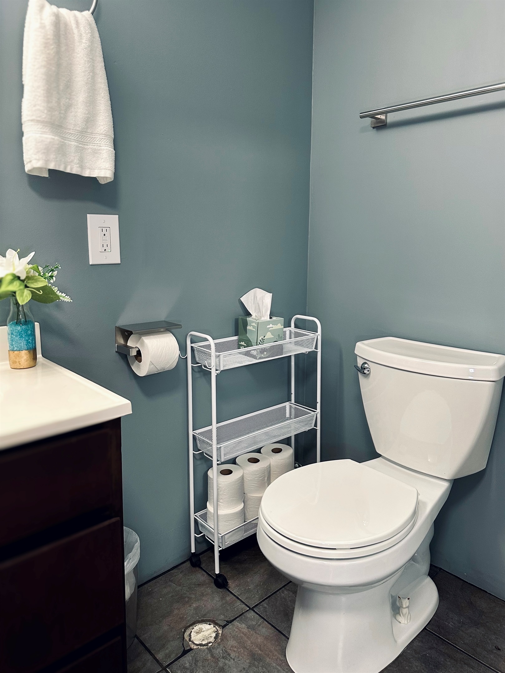 Additional basement bathroom storage stocked with extra toilet paper and facial tissues for convenient everyday access.