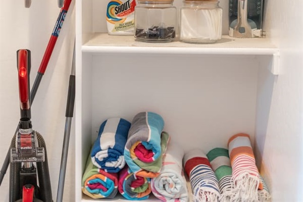 Organized laundry supplies including detergent, towels, and an iron, ensuring a smooth and efficient laundry routine.