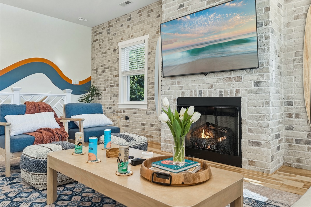 Put on your favorite show on the Roku TV or just enjoy the fireplace.