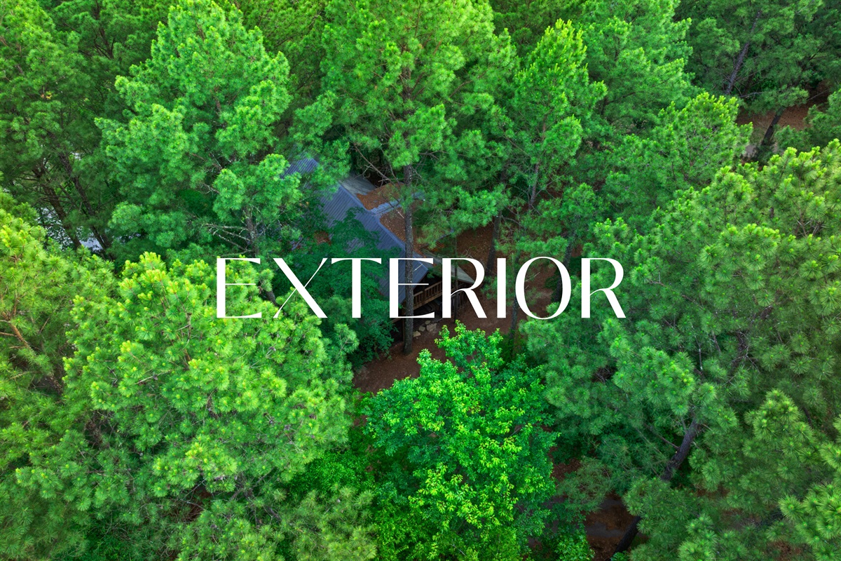 Aerial exterior view of Water’s Edge tucked among the trees.