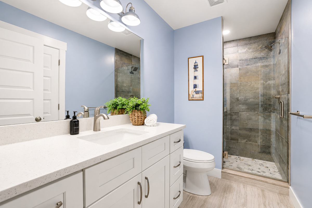 Thoughtfully designed with a large vanity, generous counter space, and plenty of storage, making it easy for guests to get ready with comfort and convenience.