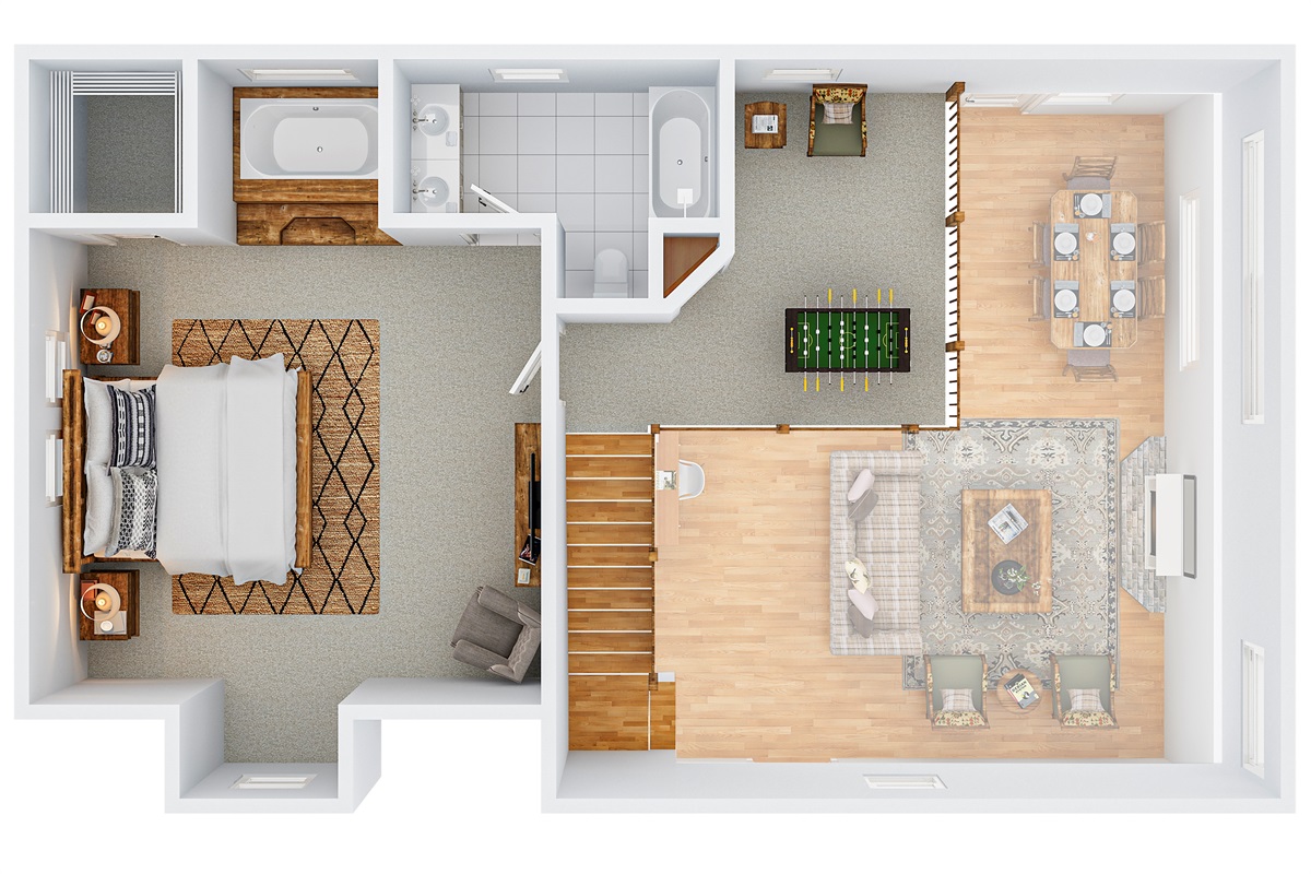 The upper level includes a private king en suite and a game room loft, creating the perfect balance of relaxation and entertainment.