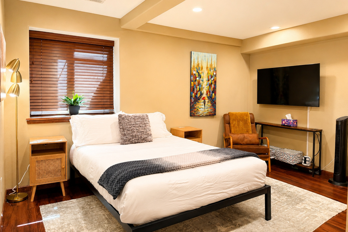 Unwind in unparalleled luxury in our basement retreat. Indulge in the plush comfort of a queen bed, rejuvenate in the convenience of an ensuite bathroom, and surrender to the ultimate relaxation in your own private sauna.