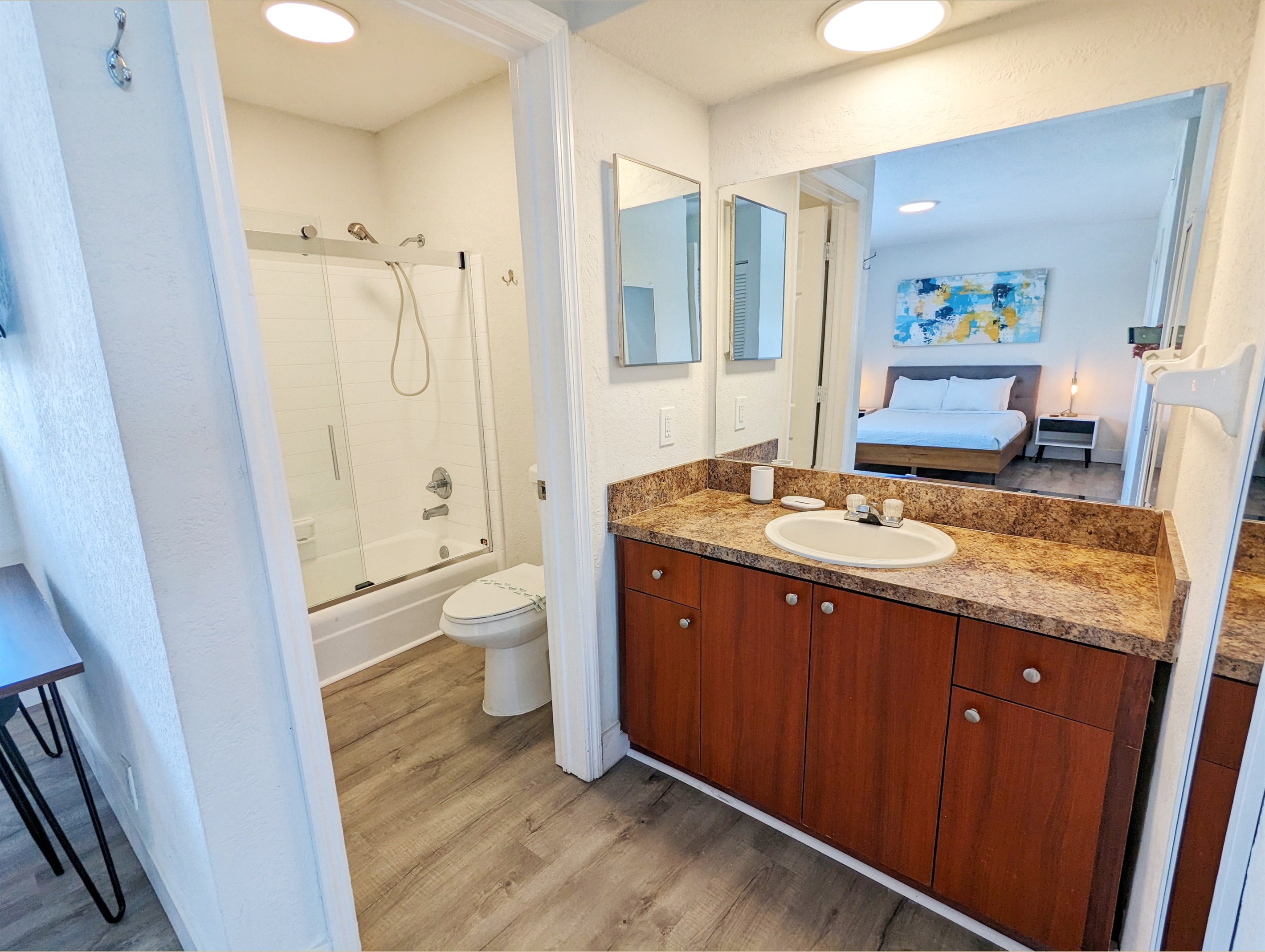 Featuring a convenient exterior sink with full stocked bath products.