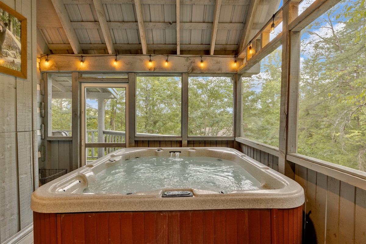 Huge hot tub with a wooded view