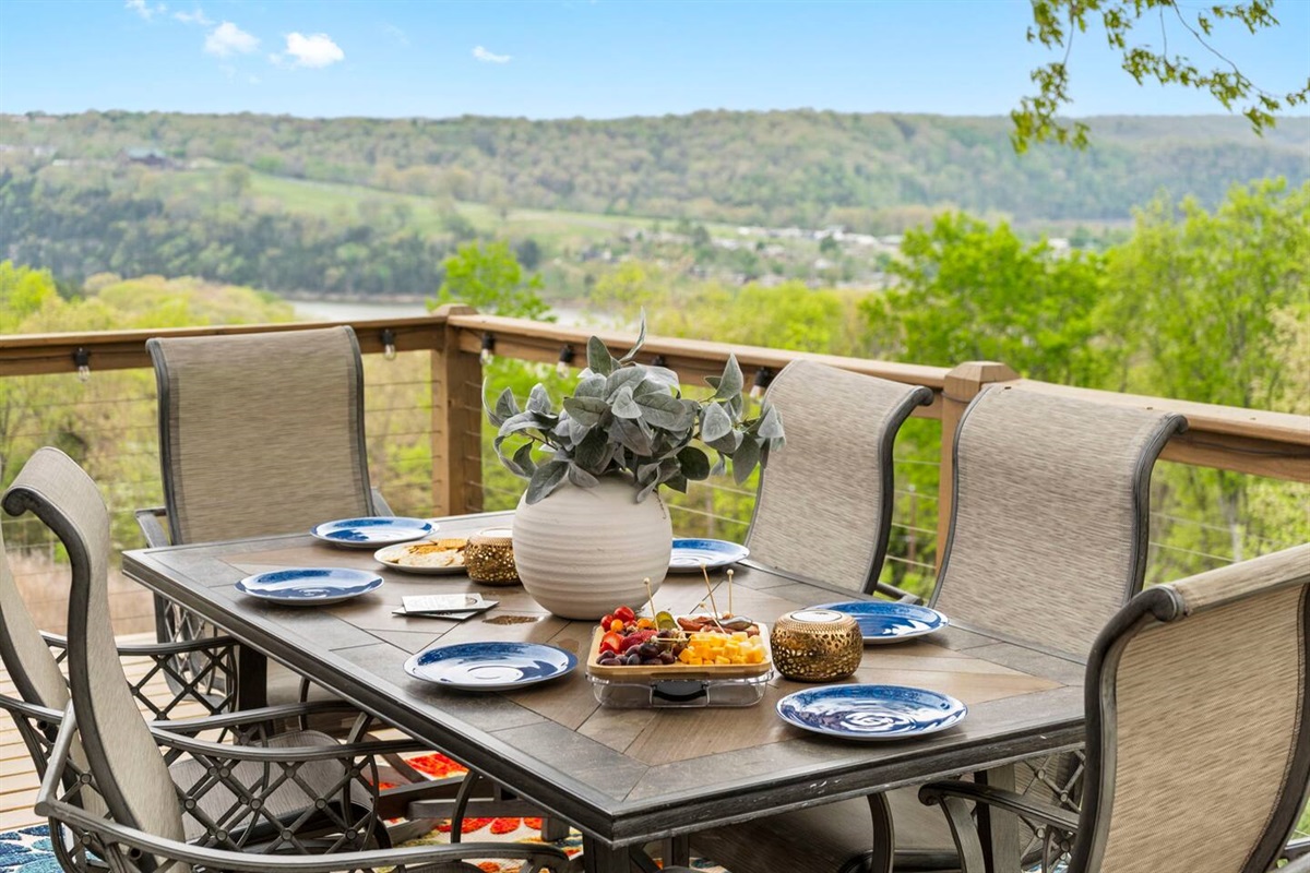 Outdoor dining with mountain breezes and lake backdrops.