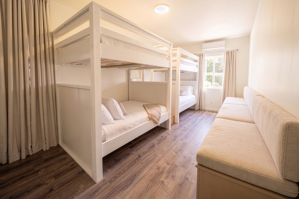 Full Bunk Room 4 beds | Bench has since been replaced by freestanding wardrobes.