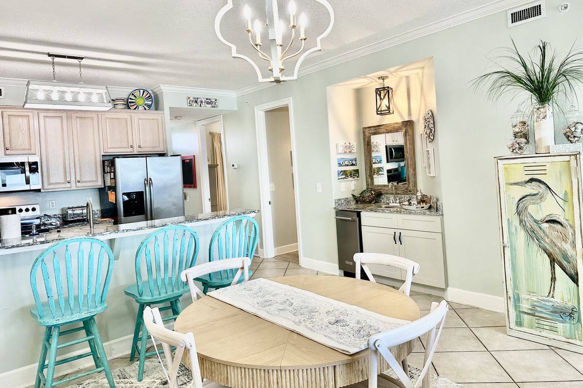 View from the dining area looking into the kitchen and wet bar!