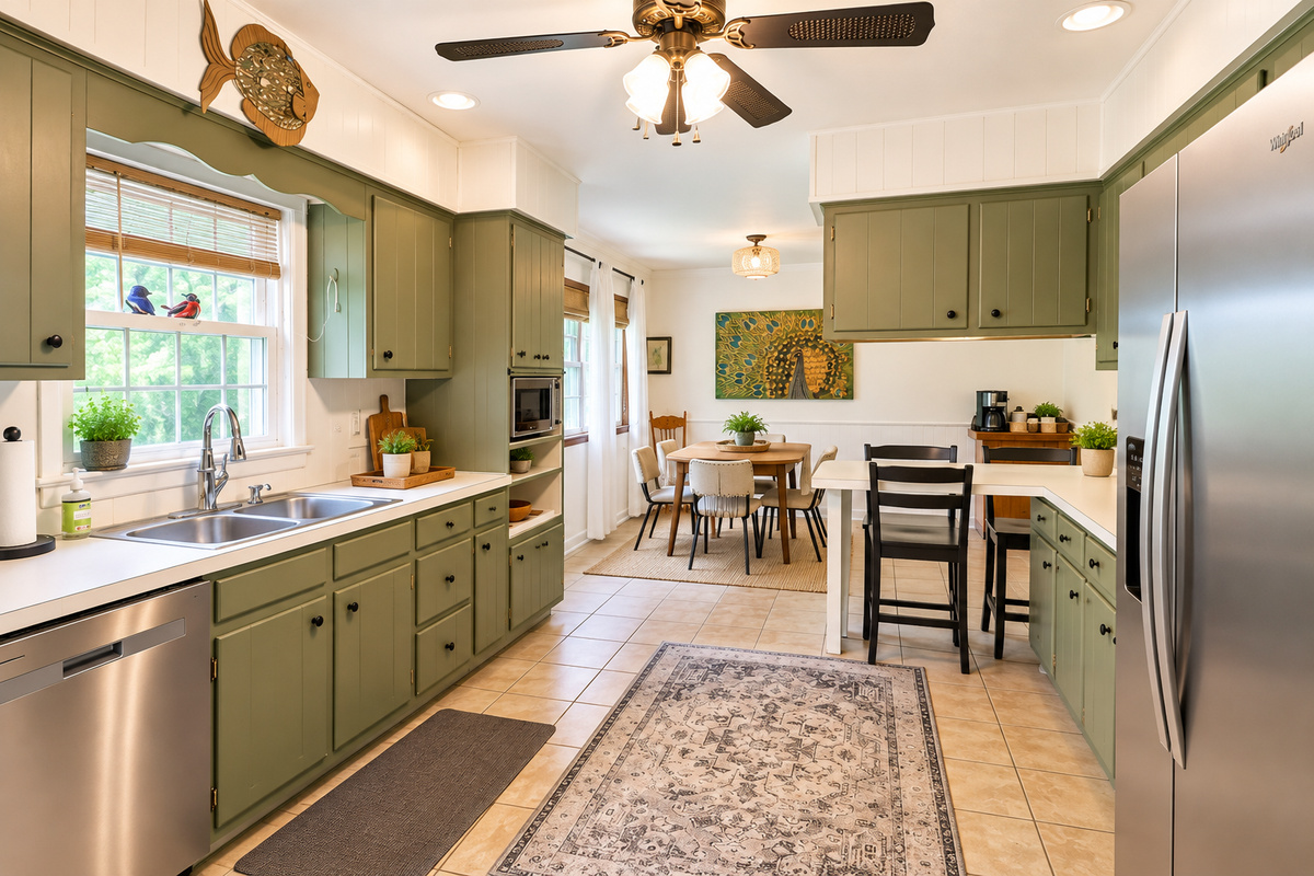 Cook, dine, and gather in our spacious, fully equipped kitchen featuring updated stainless steel appliances, a dishwasher, convenient breakfast bar seating, and an open flow into the dining area—perfect for family meals and making memories together!