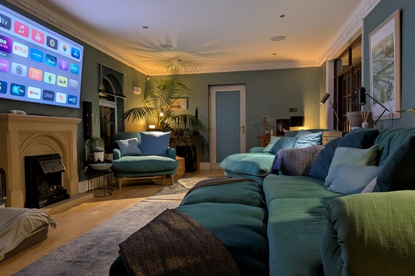 Sink in to the deep oversized furniture. Audiophile 12 speaker +subs Atmos cinema sounds plus huge 4K HDR screen. Most streaming channels subbed. Also 600+ movies on disc. Experience spatial audio music.