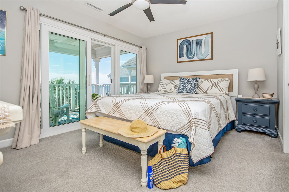 California King bed in master suite.  You have your own private full bath and balcony.   