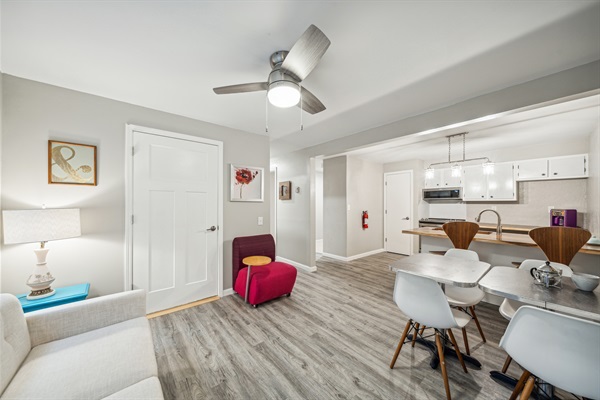 The common area and kitchen flow together.