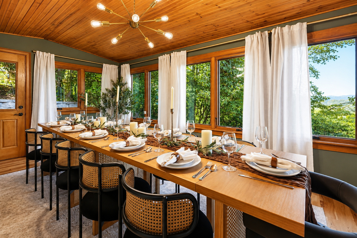 {Dining Room} Gather around the oversized dining table, framed by forest and mountain views, with seating for up to 16 guests plus additional seating in the kitchen.
