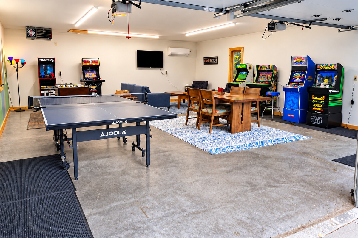 Enjoy the heated game garage with six arcade games, ping-pong, foosball, a TV and couch, plus a table for cards and board games.