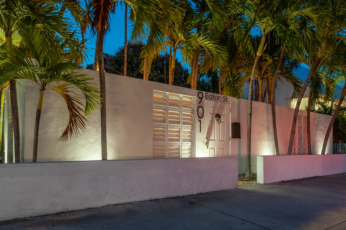 Charming Exterior: Embrace island vibes with vibrant palm surroundings and inviting entrance!