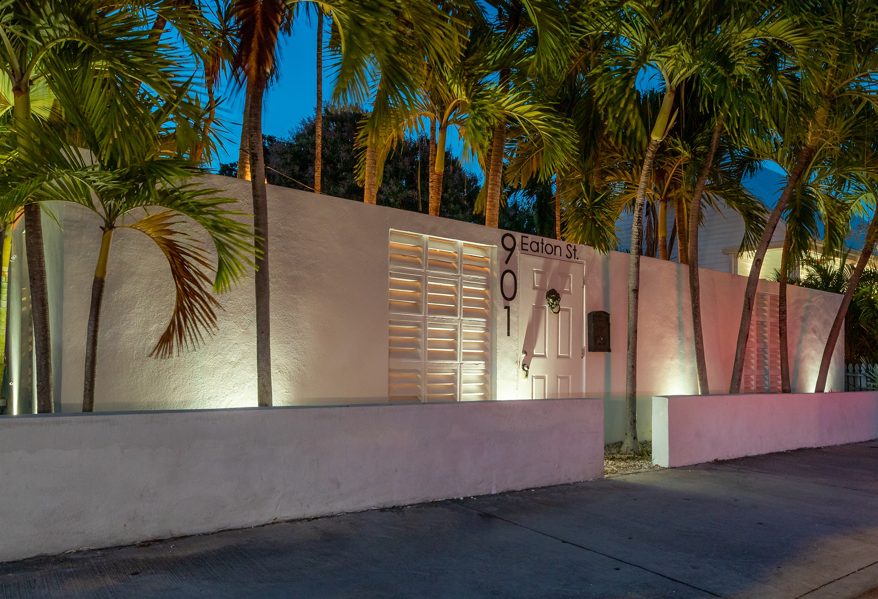 Charming Exterior: Embrace island vibes with vibrant palm surroundings and inviting entrance!