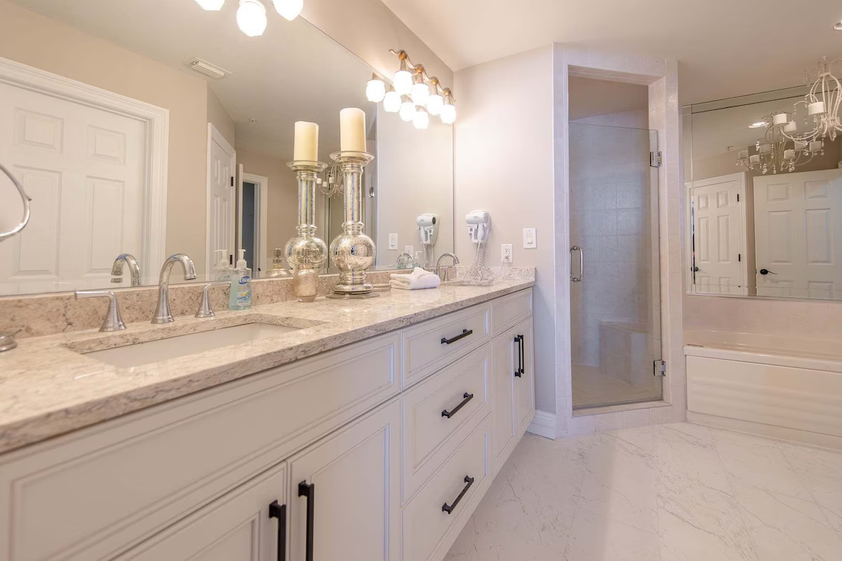 Primary Bathroom with Large Walk-in Recently Renovated Shower and Jacuzzi Tub