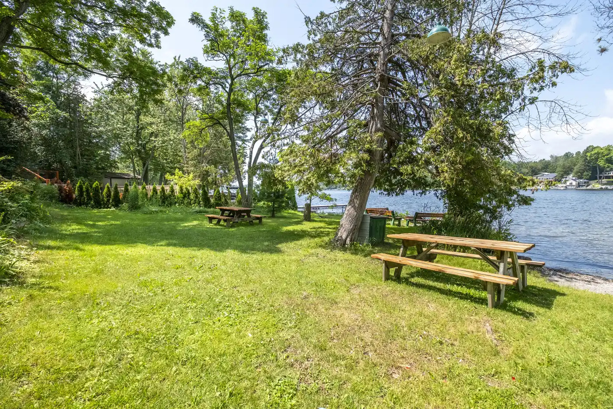 Large grassy yard with picnic tables near the waterfront