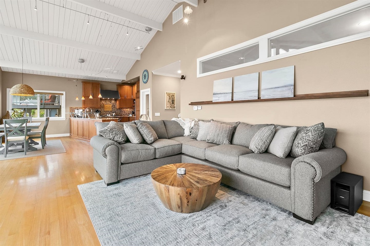 stunning open-plan living room, dining room, and kitchen