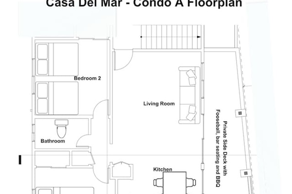 Here is a floorplan for this 2-bedroom / 1 bath condo with Private Deck
