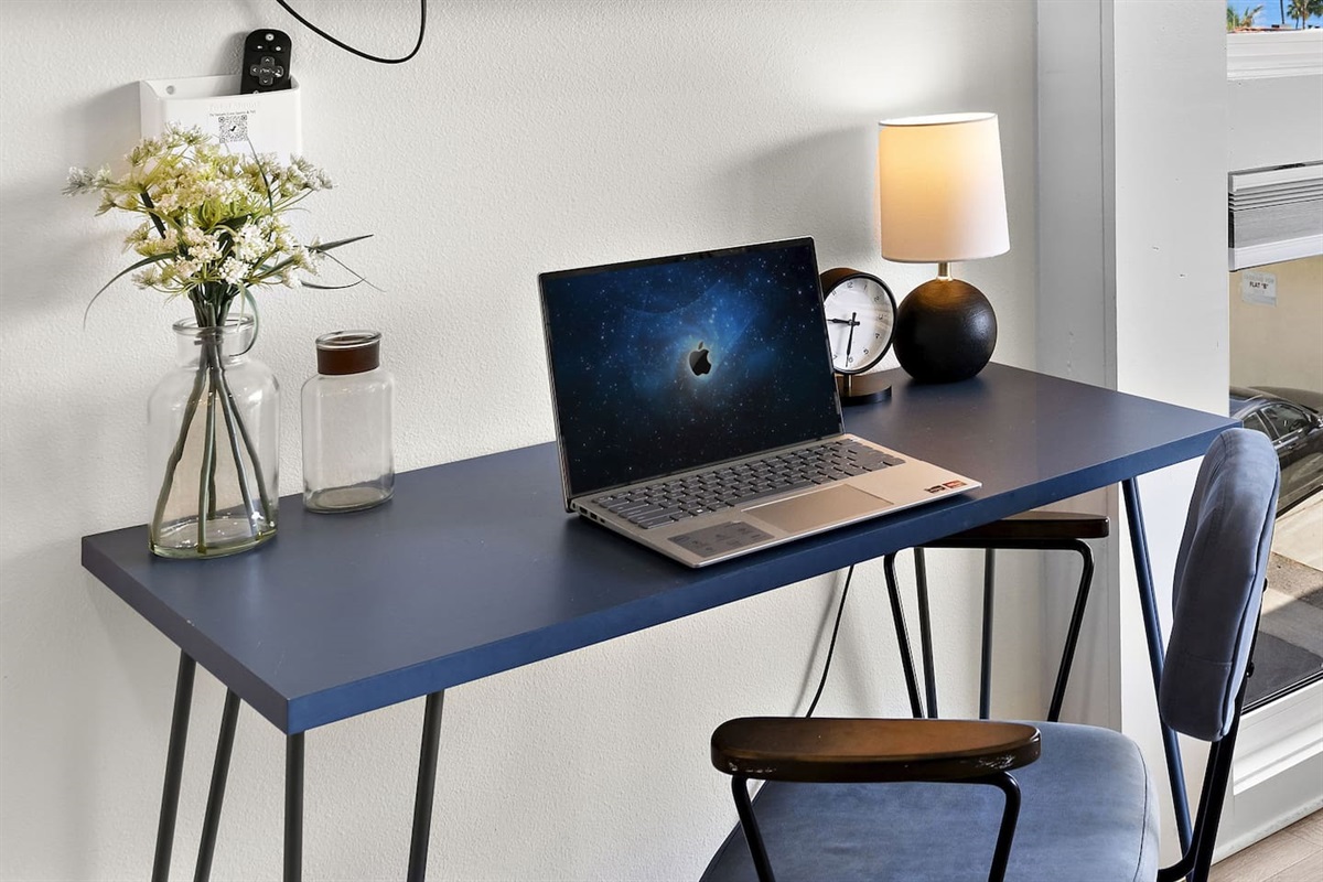 We also provide a dedicated workspace with a comfortable office chair and 300Mbs redundant internet for working remotely