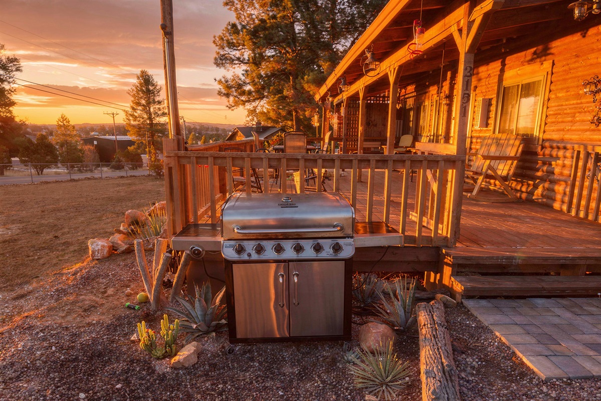 Patio sunsets/evening. Photo taken in spring. Winter time the plants will not be full green and deer often eat them. 