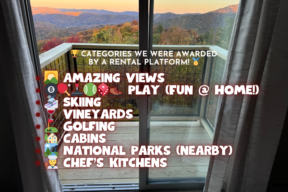 Categories We Were Awarded! *Amazing Views *Play (Fun at Home) *Skiing *Vineyards *Golfing *Cabins *National Parks (Nearby) *Chef's Kitchens