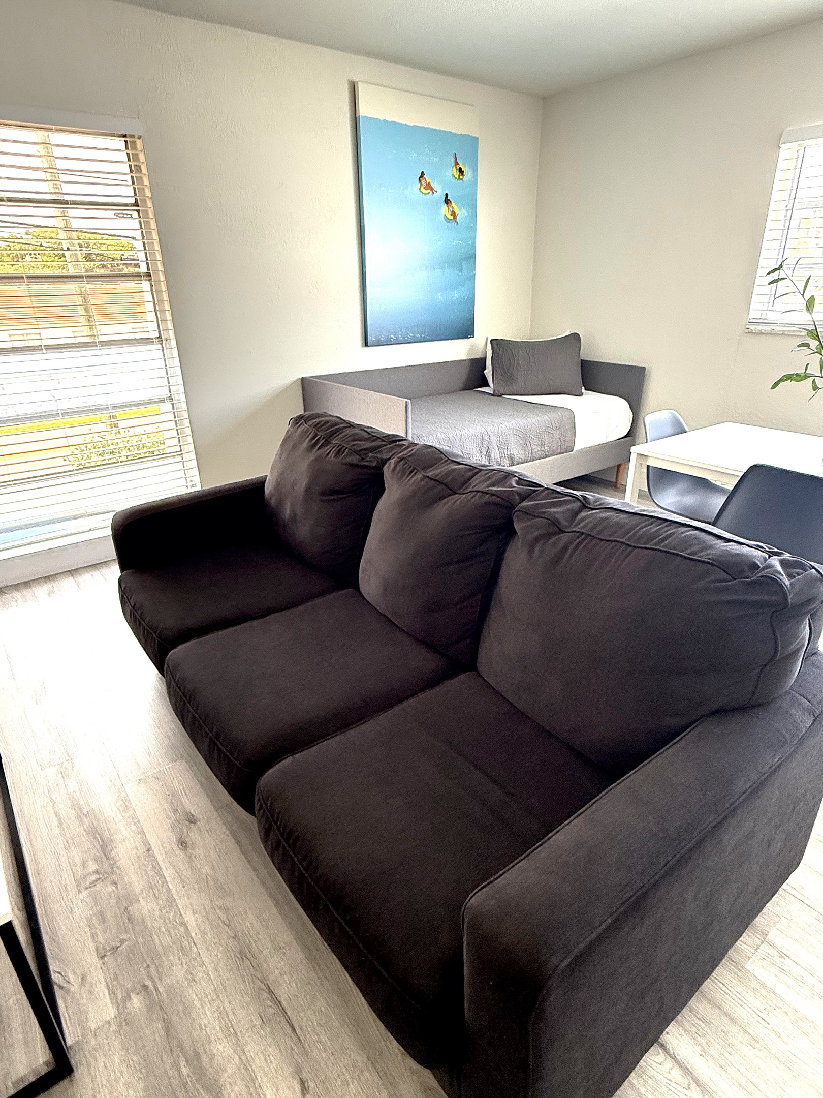 Alternate view of lounge chair. Queen sofa bed that sleeps two guests.