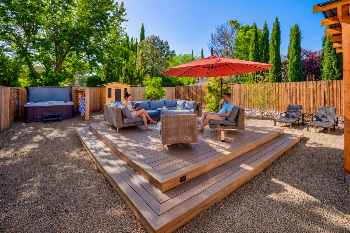 {Backyard} A serene desert oasis featuring a hot tub, infrared sauna, brand new cold plunge, and stargazing lounge deck.