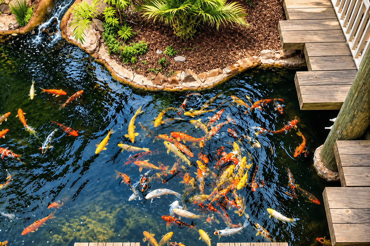 Children enjoy feeding the giant koi using the 25-cent pellet dispenser