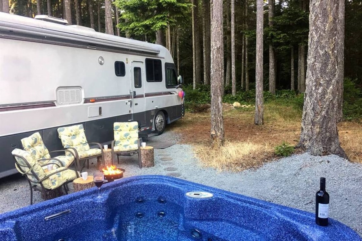 Your own secluded, private Hot Tub and seating area, with gas fire pit