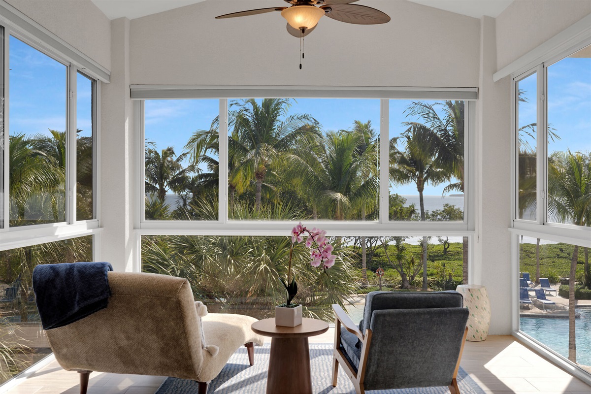 Master bedroom sunroom overlooking pool and ocean.  Perfect for morning coffee and viewing the ocean sunrise.