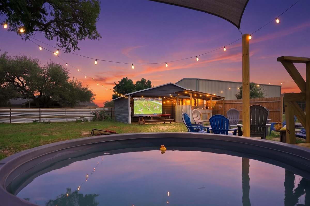 Private cowboy pool under the lights — soak, cool off, and unwind day or night