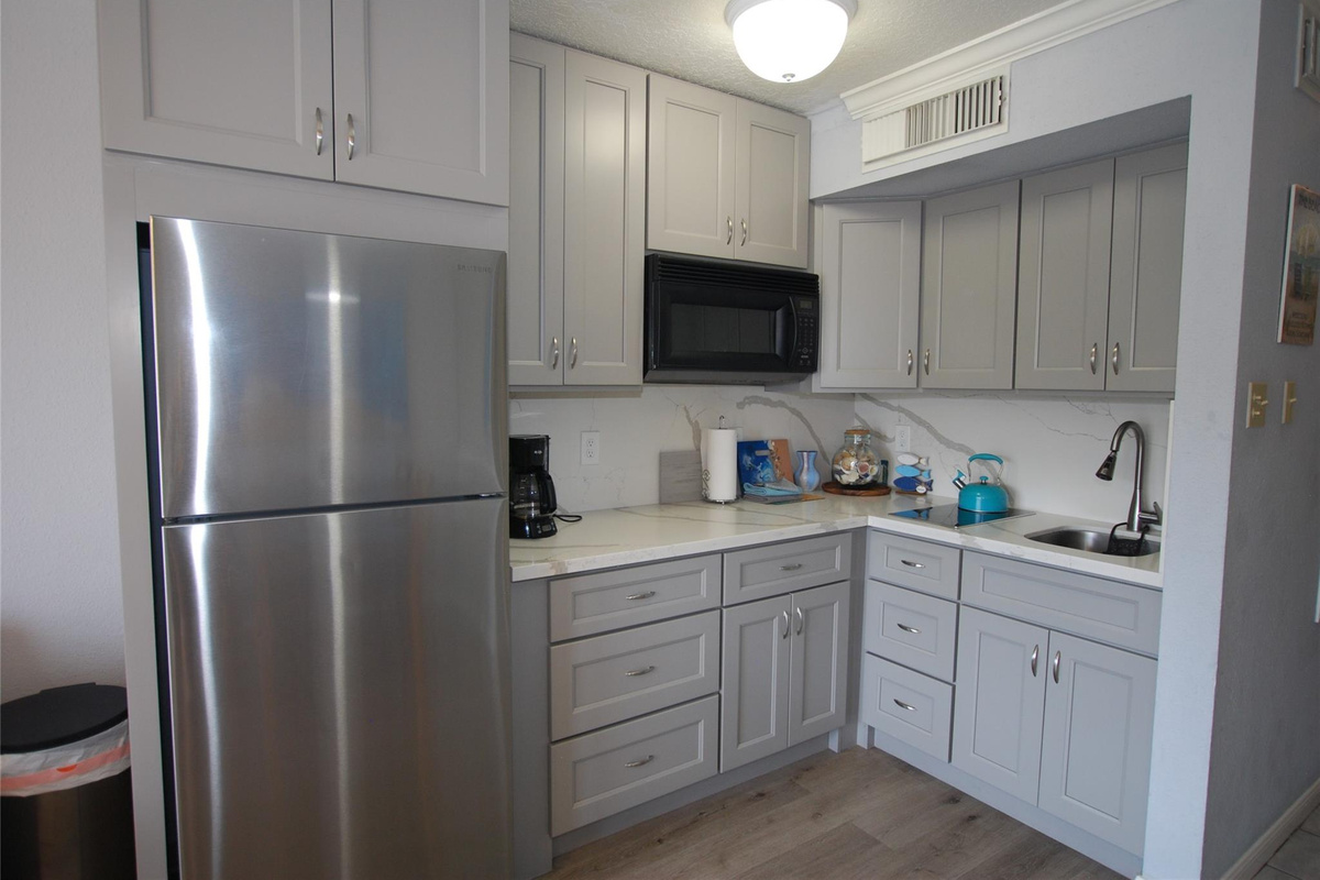 Kitchen with large fridge, 2 burner cooktop, microwave and countertop appliances