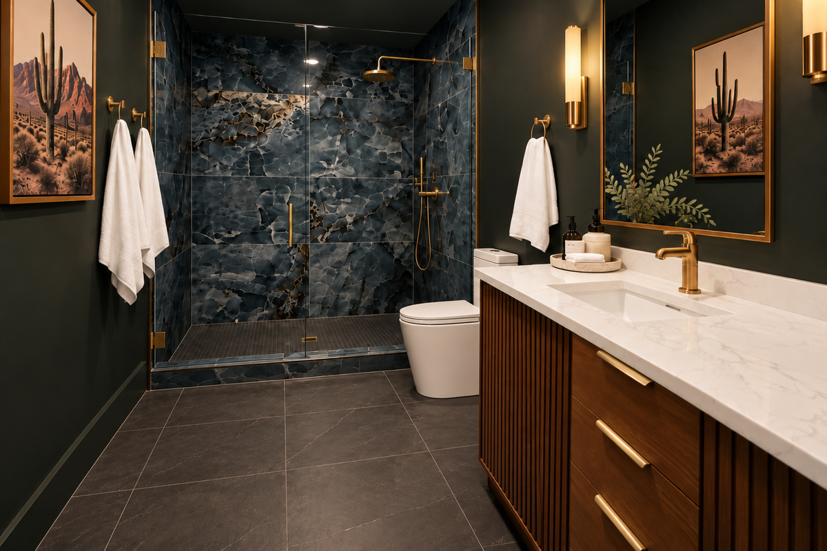 {Bathroom 3} Moody and polished with a double vanity, dramatic stone shower, brass finishes, and plenty of space to get ready without fighting for the mirror.
