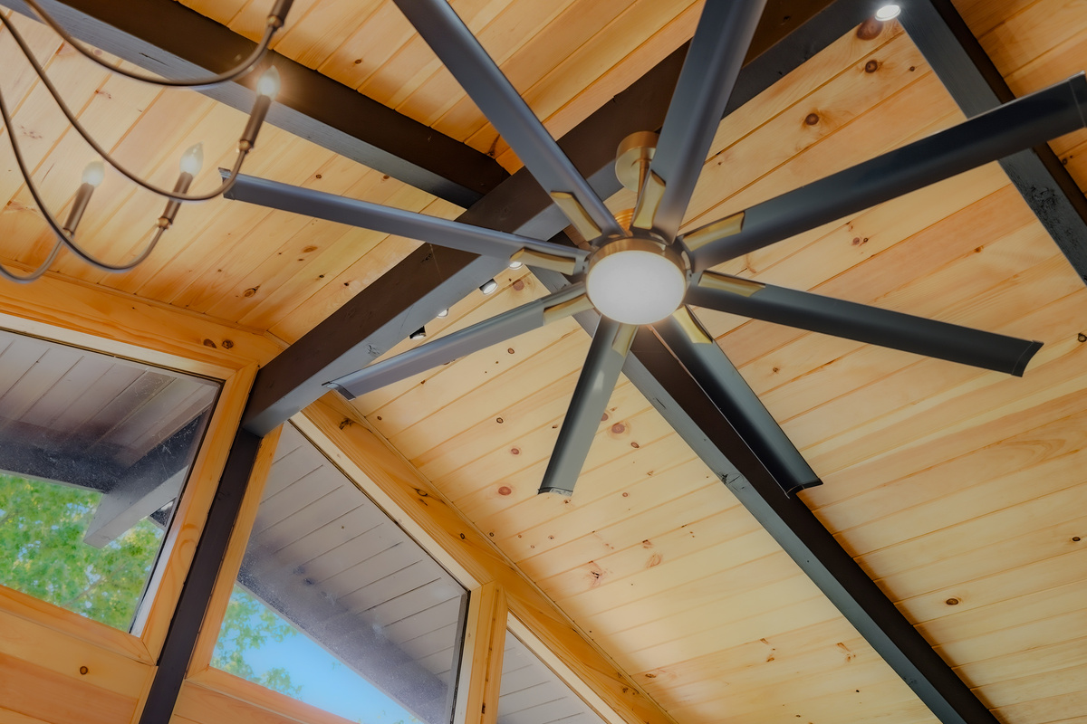 Vaulted ceiling detail — dramatic oversized fan and exposed wood planks