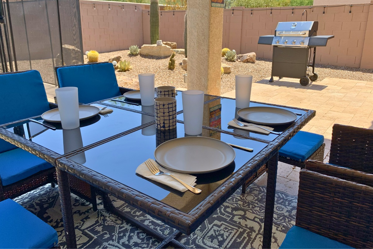 Take advantage of the great weather and enjoy your meals on the covered patio. There is a propane grill, too.