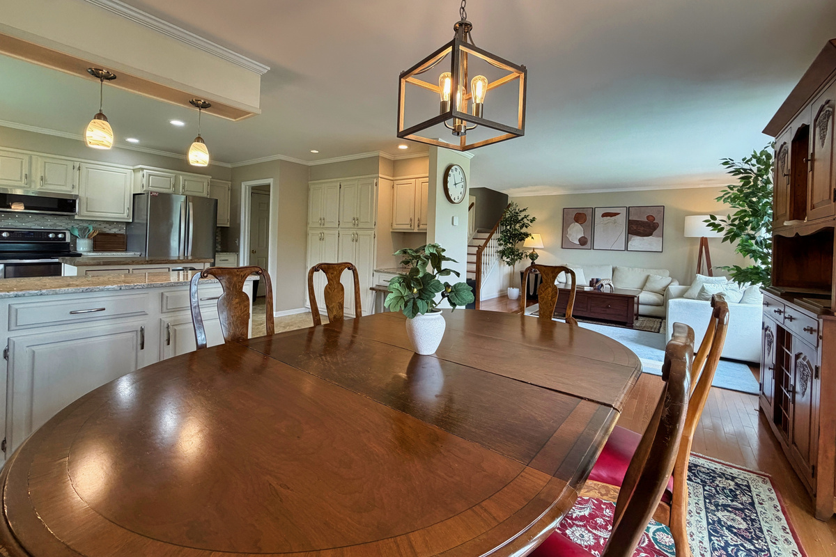 view from the dining room into the living room