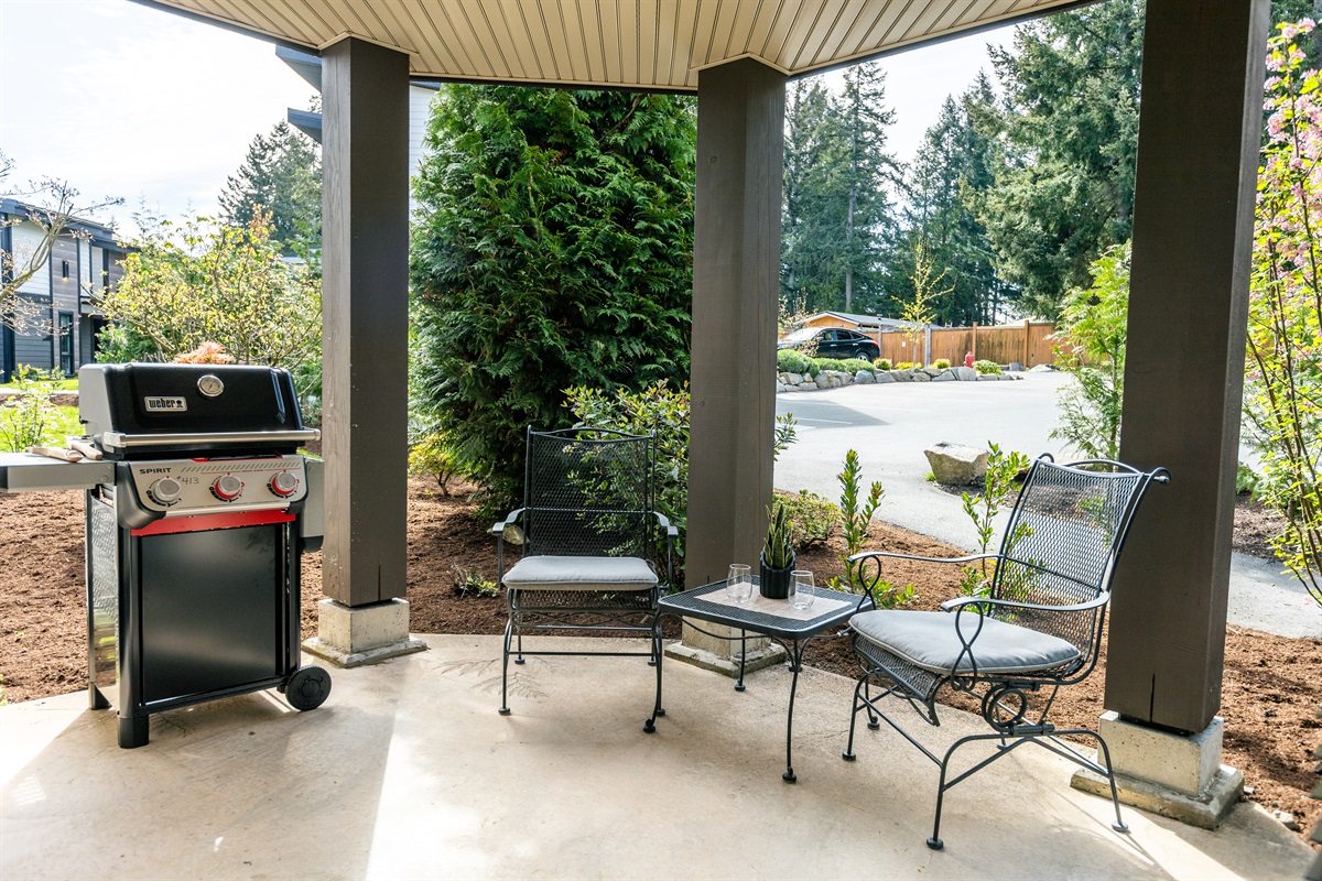 Weber propane BBQ on your private covered patio. Enjoy!