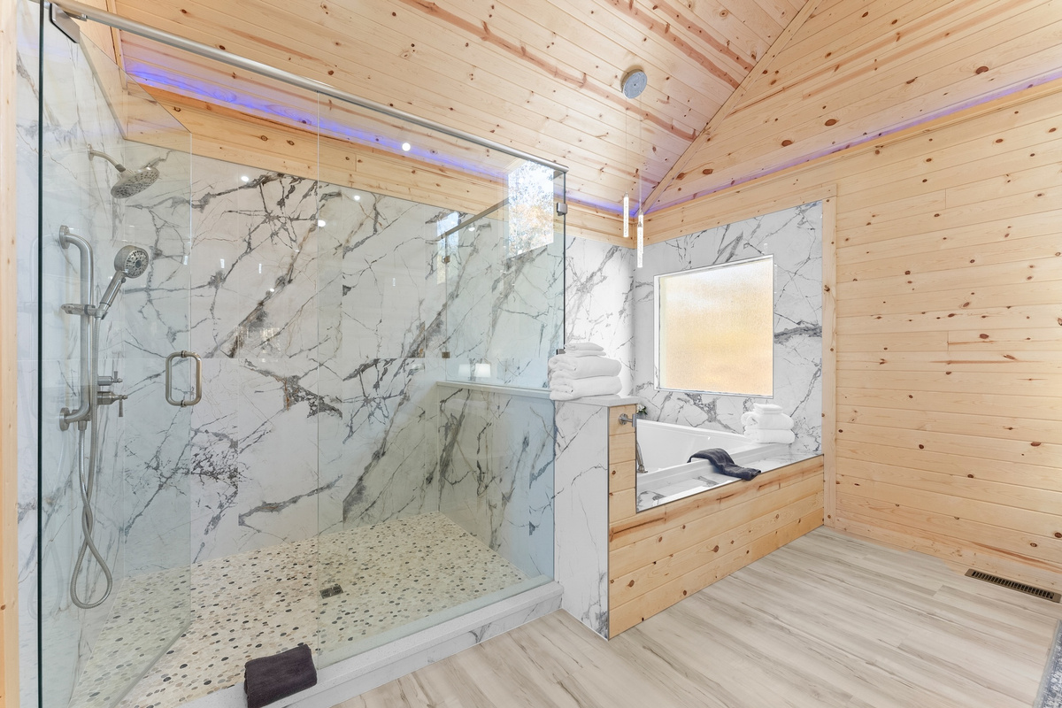 Huge Walk in Shower and 2 Person Spa
