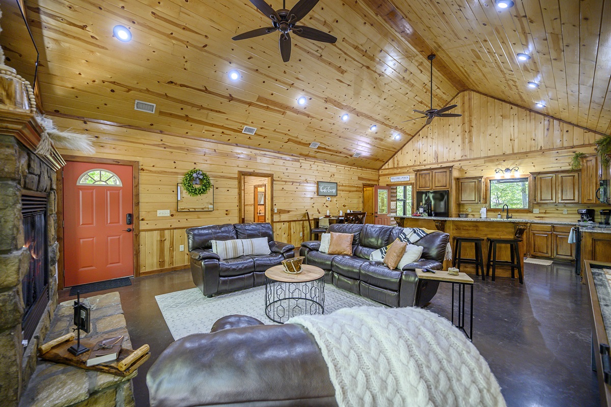 The open floor plan of the living and kitchen area allows everyone to hang out together.