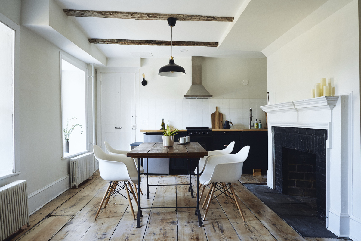 The dining area flows into the kitchen